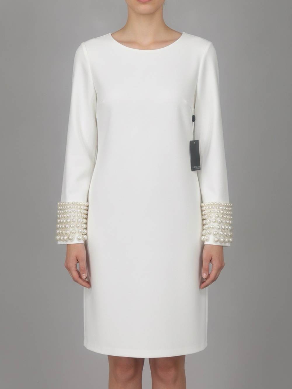 Eloquii Ivory Pearl-Cuff Midi Shift Dress